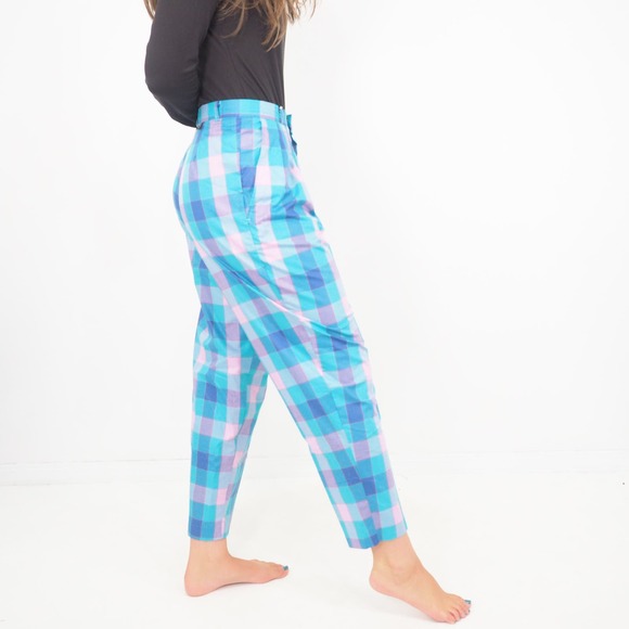 80s Vintage Plaid Trousers‎ Pink and Blue Check Cropped Slacks Size 4 Waist 27 - Picture 6 of 9